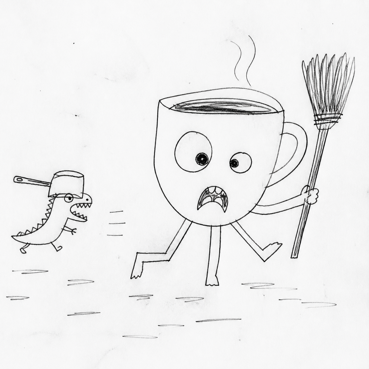 A crooked childlike drawing of BROOMBREW running from a saucepan dinosaur
